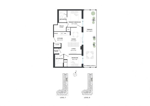 Floor plan for 2 beds, 2 baths, 652 sqft